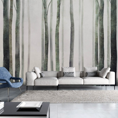nowczesny salon w stylu skandynawskim tapeta 3D z lasem i mgłą