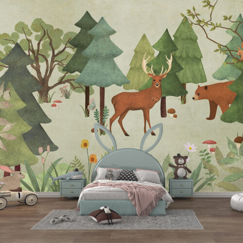 tapeta dla malucha z lasem i zwierzętami