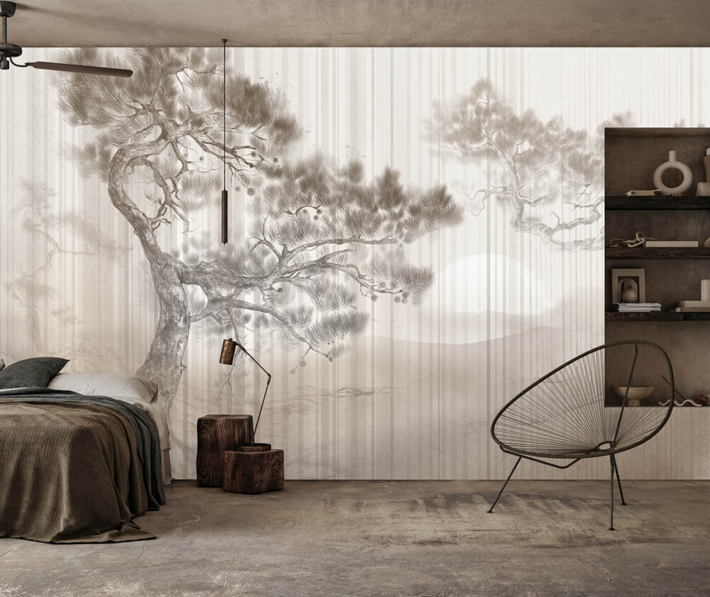 salon w stylu industrialnym monochromatyczna tapeta roślinna