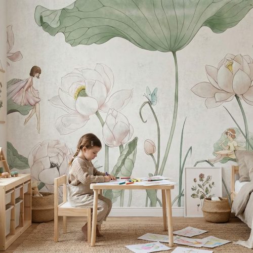 Bajkowa fototapeta z wróżkami i kwiatami do pokoju dziecka w pastelowych kolorach