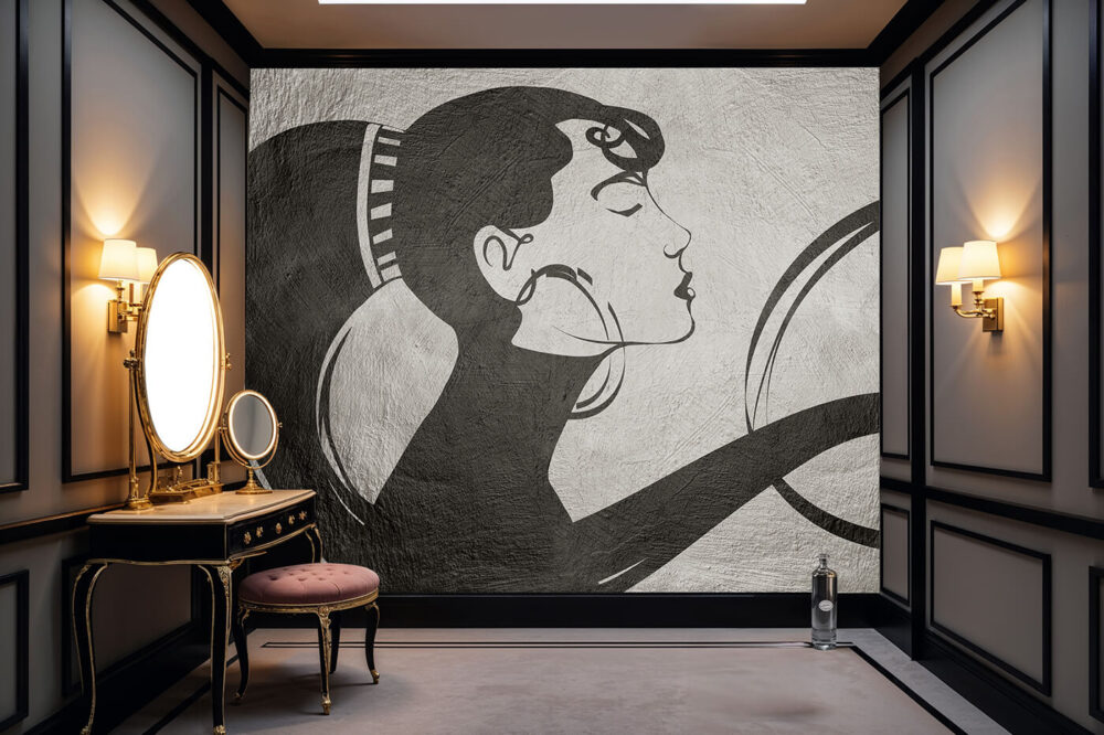 Czarno-biała fototapeta do sypialni z kobiecym portretem w stylu graficznym – artystyczna dekoracja ścienna do wnętrz eleganckich i nowoczesnych.