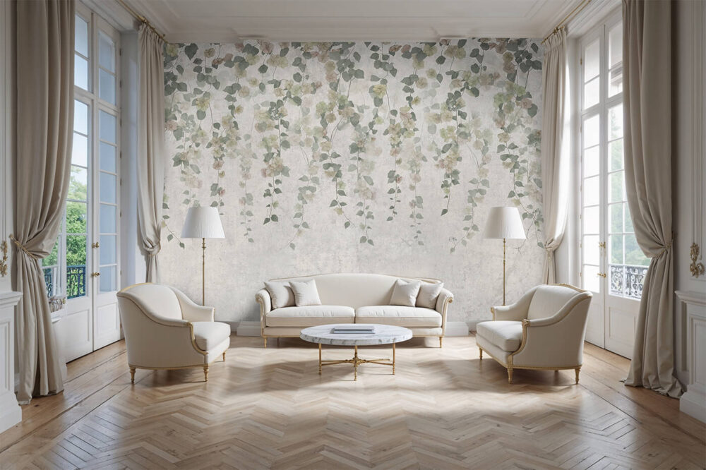 Fototapeta Aurelia Perla z subtelnym motywem roślinnym w eleganckim salonie w stylu paryskim