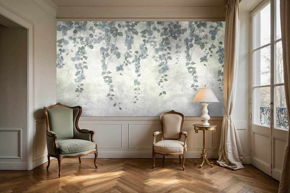 Elegancka fototapeta z niebieskimi kwiatami w paryskim salonie z klasycznymi fotelami