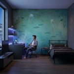 Fototapeta 3D ocean na wymiar w nowoczesnym pokoju młodzieżowym unisex z ciemnym drewnem i podświetleniem LED, efekt głębi na ścianie.