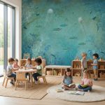 Fototapeta 3D ocean na wymiar w nowoczesnej szkole lub przedszkolu, motyw podwodny na głównej ścianie sali edukacyjnej.