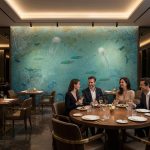 Fototapeta 3D z motywem oceanu i rafy koralowej na całą ścianę w nowoczesnym wnętrzu restauracji premium.