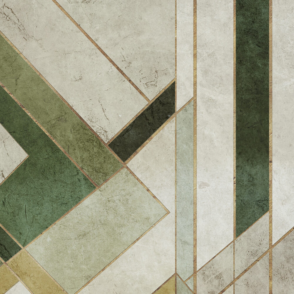 Fototapeta abstrakcyjna beżowo-zielona w stylu art deco z eleganckim akcentem mosiądzu.