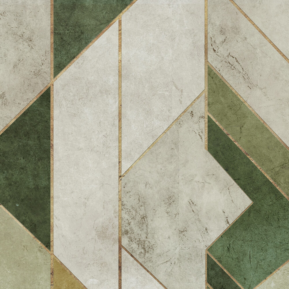Fototapeta art deco – szarobeżowa abstrakcja geometryczna ze złotymi liniami.