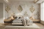 Jasna fototapeta art déco z motywem roślinnym na ścianie w eleganckiej sypialni