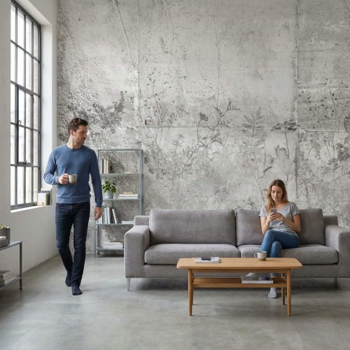 Fototapeta betonowa z motywem roślinnym na wymiar zastosowana w salonie w stylu loft z betonową podłogą i stalowymi oknami.