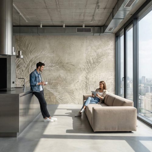 Fototapeta beżowa z motywem roślinnym na wymiar w nowoczesnym salonie typu loft z betonem i dużymi przeszkleniami.