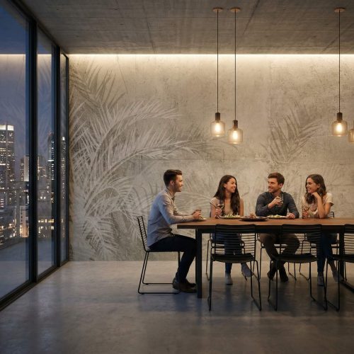 Fototapeta beżowa z motywem roślinnym na wymiar w nowoczesnym salonie z jadalnią, jasna ściana z efektem struktury.