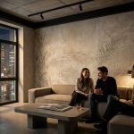 Fototapeta beżowa z motywem roślinnym na wymiar w nowoczesnym salonie z betonem i stalą, dekoracyjna ściana za sofą w stylu urban.