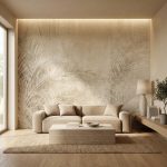 Fototapeta beżowa z motywem roślinnym na wymiar w nowoczesnym salonie, jasna ściana za sofą z efektem struktury.