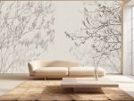 Beżowa fototapeta z subtelnym roślinnym motywem i delikatnym cieniem gałązek w estetyce wabi-sabi.