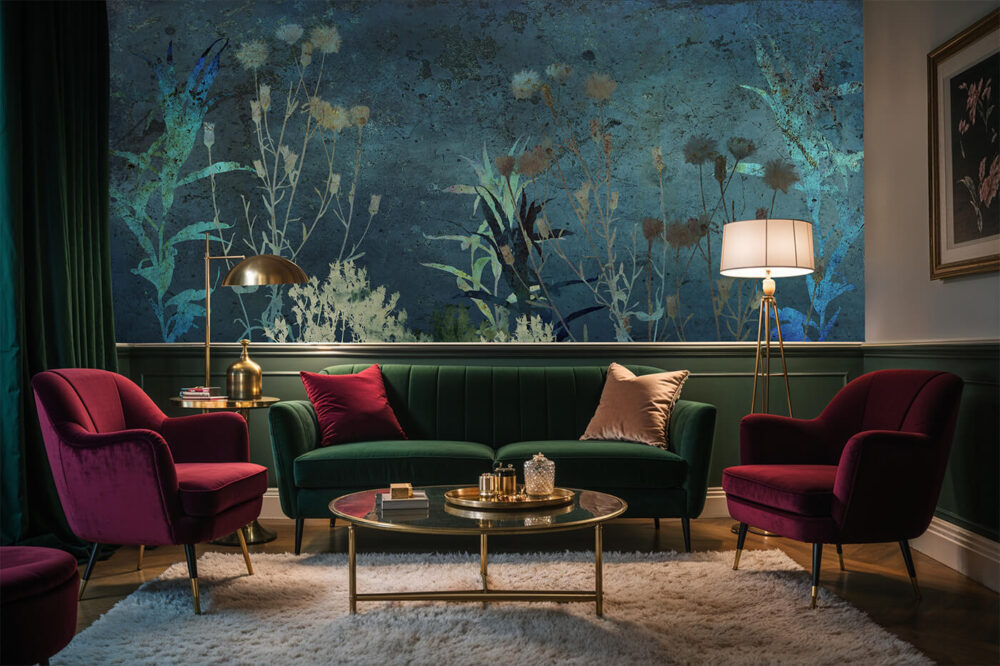 Fototapeta Kwiaty Nocy w salonie w stylu modern vintage – granatowa ściana z roślinnym motywem i eleganckimi meblami.