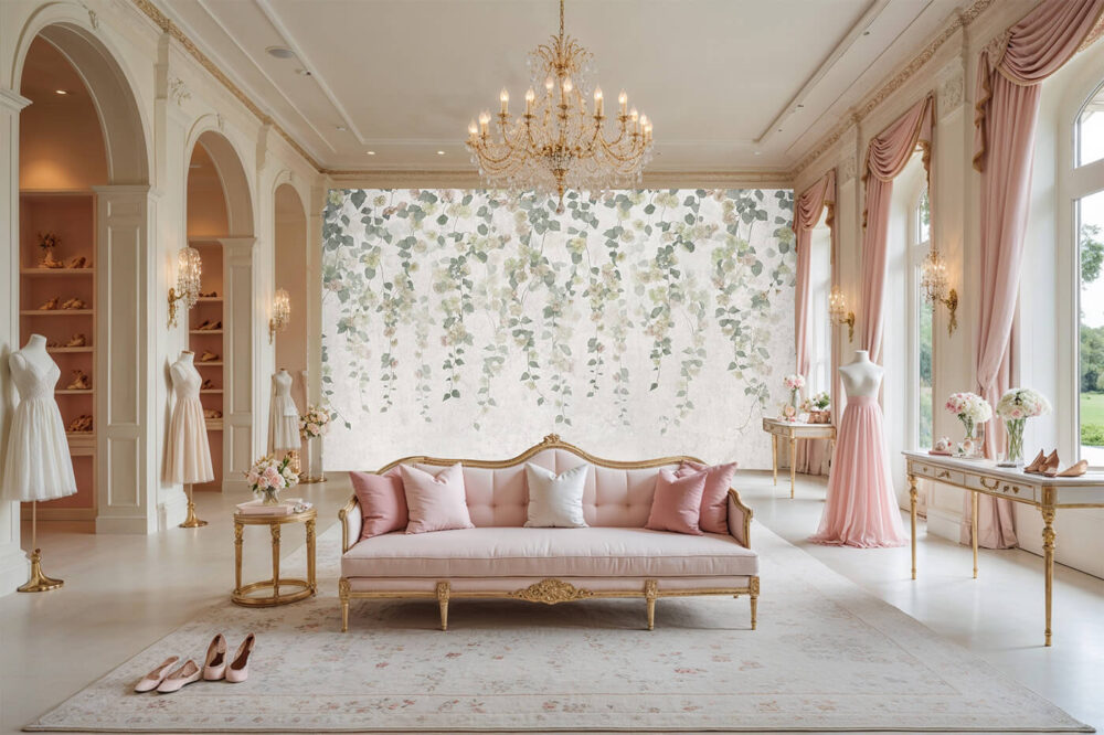 Delikatna fototapeta z motywem zwisających kwiatów i liści Aurelia Perla w eleganckim salonie w stylu francuskim z pastelową aranżacją.