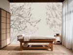 Beżowa fototapeta do gabinetu beauty z delikatnym roślinnym motywem i cieniem gałązek, inspirowana estetyką japońską.
