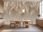 Fototapeta do jadalni – beżowa z liśćmi palmy, idealna za stół.