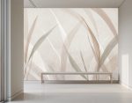 Jasna fototapeta z subtelnym motywem roślinnym w stylu japandi na dużej ścianie w korytarzu