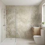 Fototapeta beżowa z motywem roślinnym na wymiar zastosowana w nowoczesnej łazience z prysznicem typu walk-in.