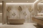 Fototapeta do łazienki spa z motywem roślinnym art déco w złoto-beżowej kolorystyce o kamiennej fakturze