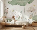 Fototapeta do pokoju dziecka z motywem wróżek i roślin na ścianie przy biurku