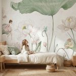 Fototapeta do pokoju dziecka z motywem wróżek i roślin na ścianie przy biurku