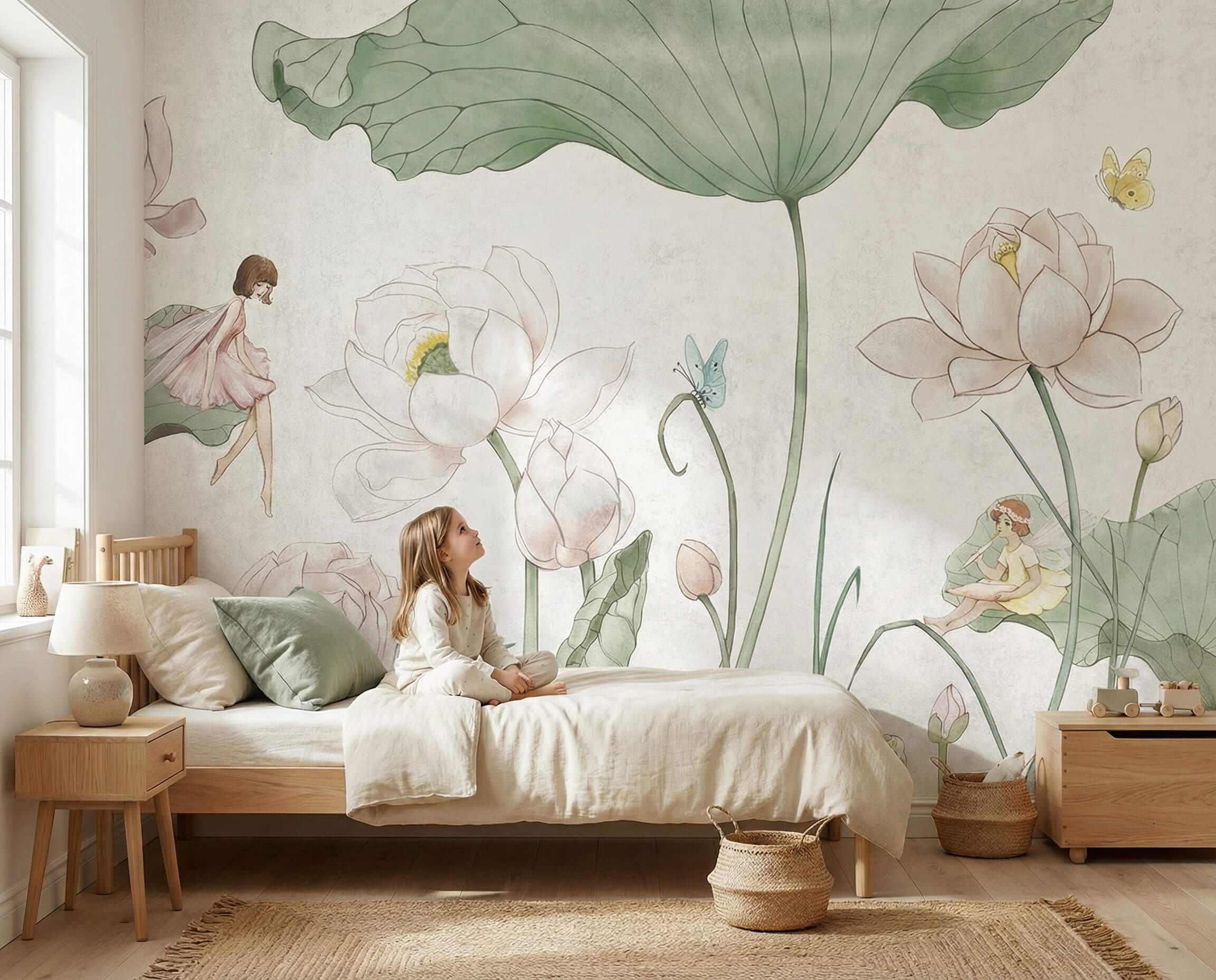 Fototapeta do pokoju dziecka z wróżkami Fototapeta do pokoju dziecka z motywem wróżek i roślin na ścianie przy biurku