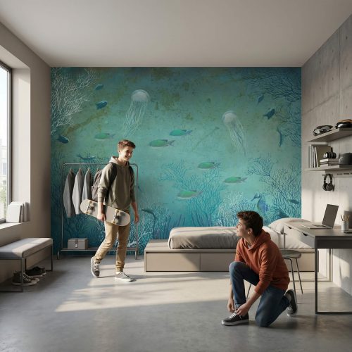 Fototapeta 3D ocean na wymiar w nowoczesnym pokoju młodzieżowym – efekt głębi na ścianie w pokoju nastolatka.