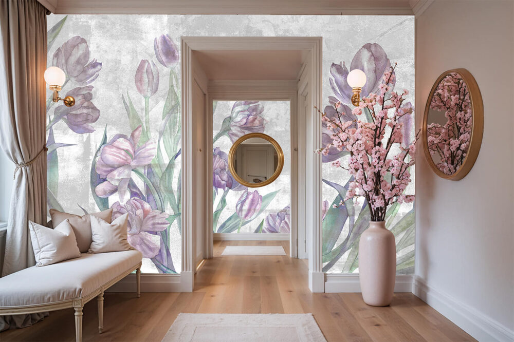 Fototapeta do przedpokoju z kwiatami – Serenada Wiosny w jasnym holu z lustrami, pastelowymi dodatkami i bukietem kwitnącej wiśni.