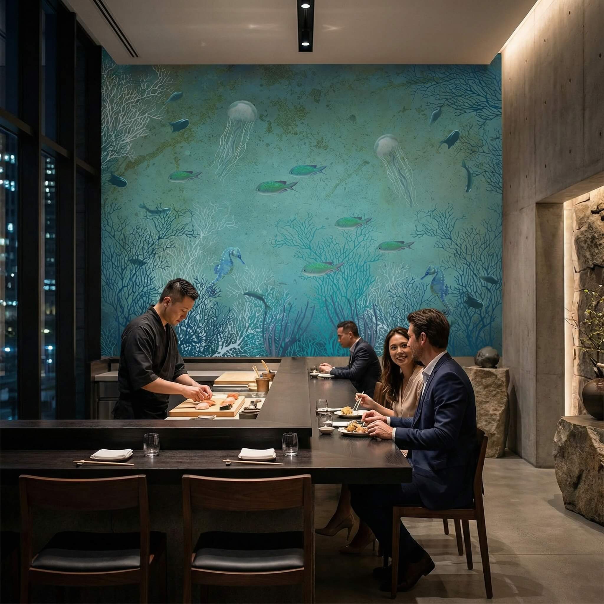 Fototapeta do restauracji sushi – motyw oceanu Fototapeta do restauracji sushi z motywem oceanu i podwodnej rafy jako główna ściana w nowoczesnym wnętrzu gastronomicznym.