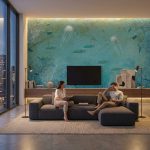 Fototapeta 3D do salonu z motywem oceanu na ścianie TV w nowoczesnym mieszkaniu.