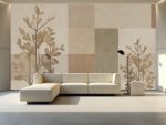 Fototapeta do salonu – beżowa geometria z delikatnym motywem roślinnym, elegancka ściana za sofą.