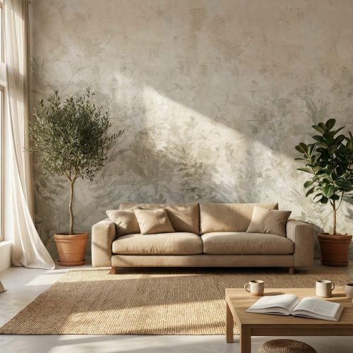 Fototapeta do salonu z motywem roślinnym na wymiar w jasnym, nowoczesnym wnętrzu z dużą ilością naturalnego światła.