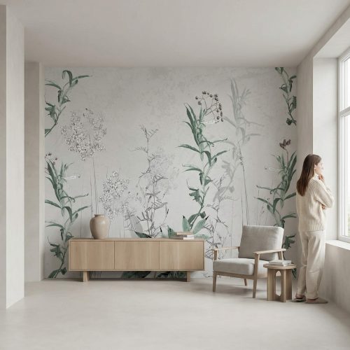 Fototapeta do salonu z motywem roślinnym zastosowana na głównej ścianie w strefie wypoczynkowej
