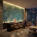 Fototapeta do sushi baru z motywem rafy koralowej i oceanu w klimatycznym wnętrzu restauracji.