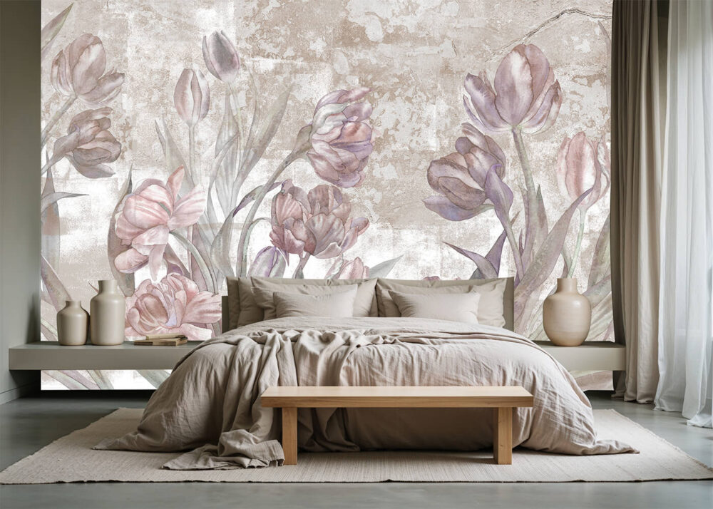 Fototapeta do sypialni z kwiatami – Serenada Ciszy w naturalnym wnętrzu slow living z beżową pościelą, lnianą narzutą i delikatnym światłem dziennym.