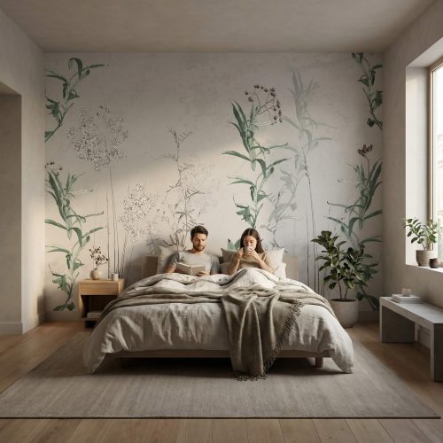 Fototapeta do sypialni z motywem roślinnym w nowoczesnym wnętrzu, spokojna kompozycja botaniczna jako tło za łóżkiem