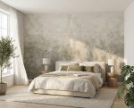 Fototapeta do sypialni z motywem roślinnym na wymiar w jasnym, nowoczesnym wnętrzu z dużą ścianą za łóżkiem i naturalnym światłem.