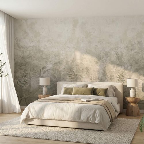 Fototapeta do sypialni z motywem roślinnym na wymiar w jasnym, nowoczesnym wnętrzu z dużą ścianą za łóżkiem i naturalnym światłem.