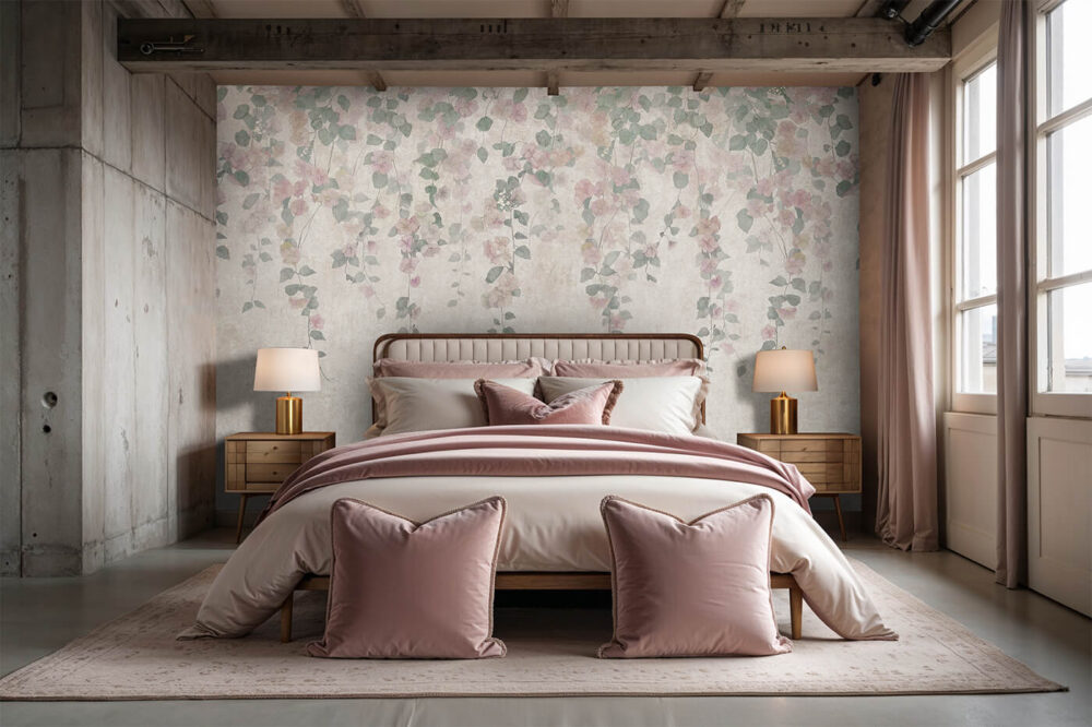 Fototapeta z motywem pastelowych kwiatów na tle surowej ściany w sypialni typu soft loft z eleganckimi dodatkami.