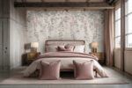 Fototapeta z motywem pastelowych kwiatów na tle surowej ściany w sypialni typu soft loft z eleganckimi dodatkami.
