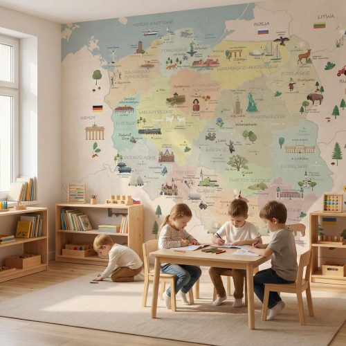 Fototapeta mapa Polski dla dzieci do szkoły i pokoju dziecka w pastelowej kolorystyce