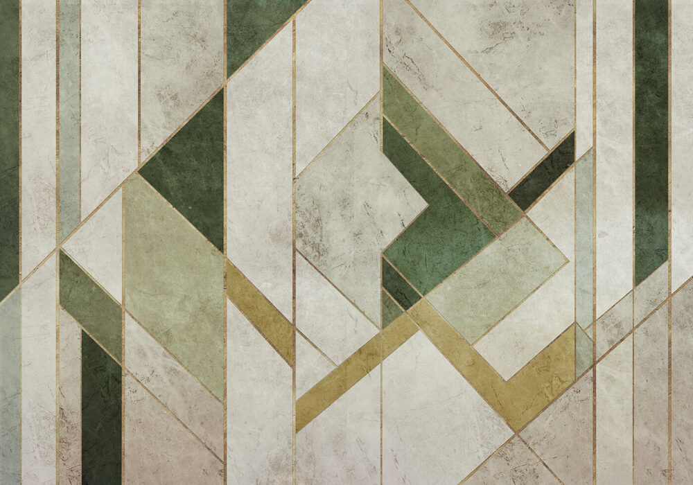 Minimalistyczna fototapeta szarozielona w stylu art deco z delikatnymi podziałami.