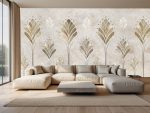 Jasna fototapeta roślinna art déco na dużej ścianie w nowoczesnym salonie
