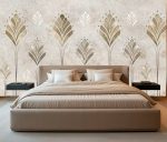 Złota fototapeta roślinna art déco na ścianie za łóżkiem w eleganckiej sypialni