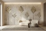 Złoto-beżowa fototapeta roślinna art déco z subtelnym złotym akcentem i kamienną fakturą
