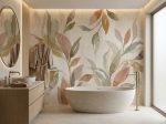Fototapeta roślinna do łazienki w jasnej, naturalnej kolorystyce z delikatnym motywem liści