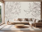 Fototapeta roślinna do salonu z beżowym motywem i delikatnym cieniem gałązek.